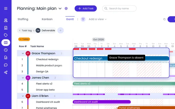Beebole Gantt view with each person's daily workload against capacity, and a hover tooltip showing a team member is absent on PTO