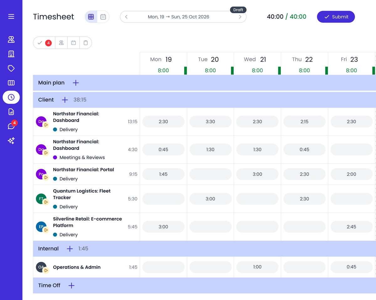 Beebole project time tracking dashboard with timesheet and project views