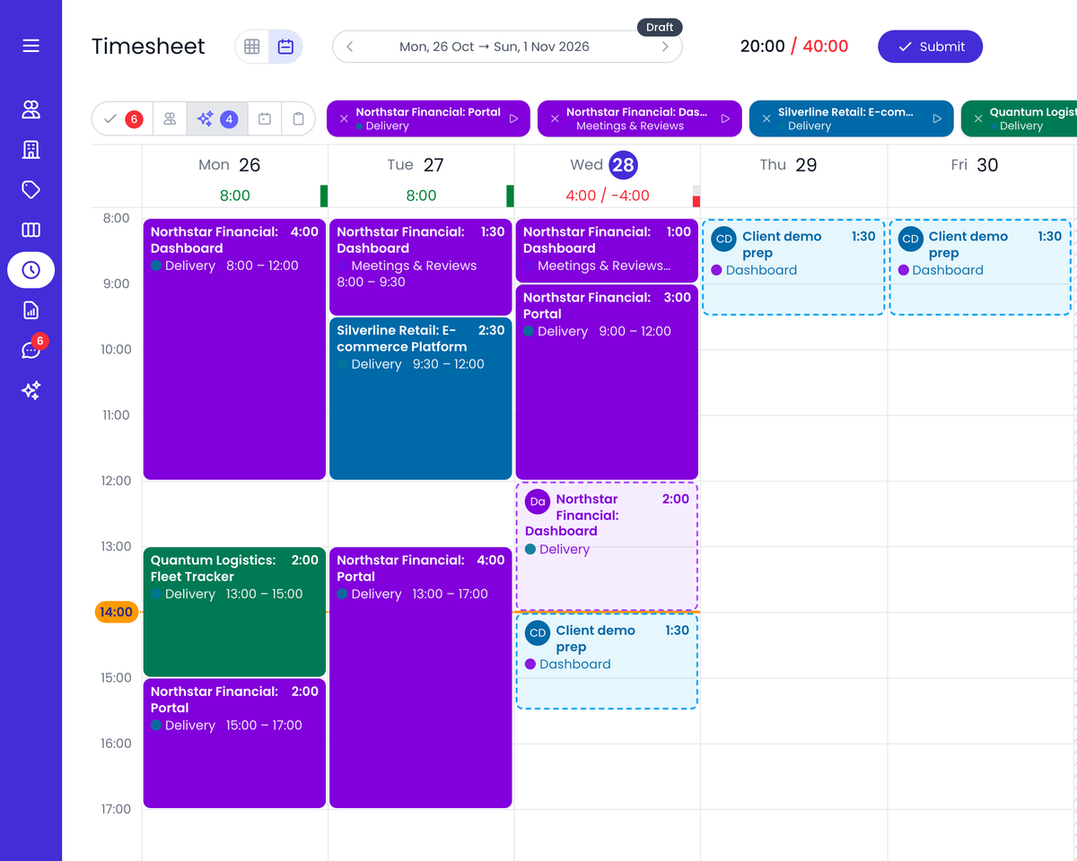 Beebole timesheet in calendar view for the week of October 26: Monday and Tuesday fully logged, Wednesday logged until noon, and entries suggested by the desktop app and the plan waiting to be confirmed through Friday