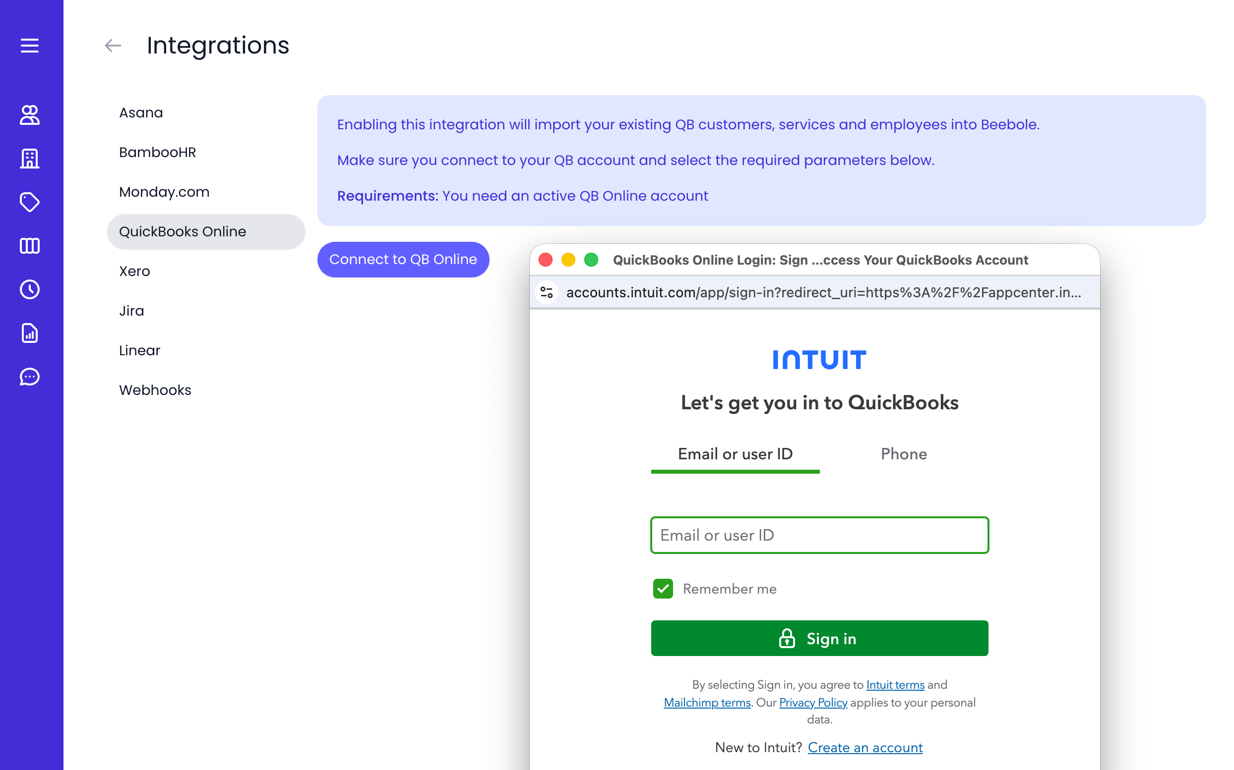 Beebole integrations settings connecting with QuickBooks Online