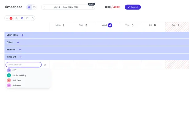 Beebole timesheet grid for the week of November 2 with a new row in the Time Off section and its list of time-off types open: PTO, Public Holiday, Sick Day, and Sickness