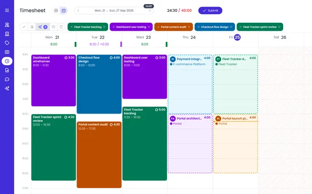 Beebole calendar timesheet with hours logged Monday to Wednesday and planned hours pre-filled as suggestions for Thursday and Friday