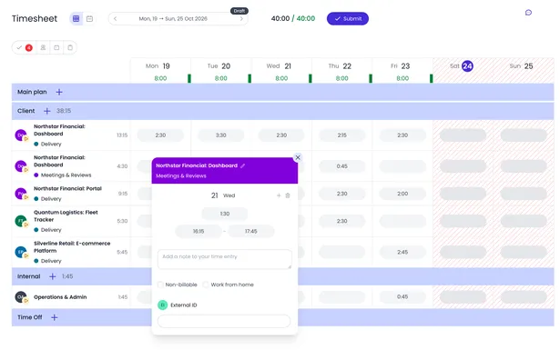 Beebole timesheet grid with the entry panel open on Wednesday's Northstar Financial: Dashboard, Meetings & Reviews entry, 1:30 from 16:15 to 17:45, with a note field and the non-billable and work from home options