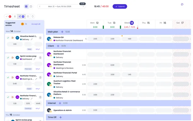 Beebole timesheet with the Suggested entries pane open next to the weekly grid, listing Wednesday's suggestions from browser activity, the plan, past Wednesdays, and the desktop app, each ready to accept, edit, or dismiss