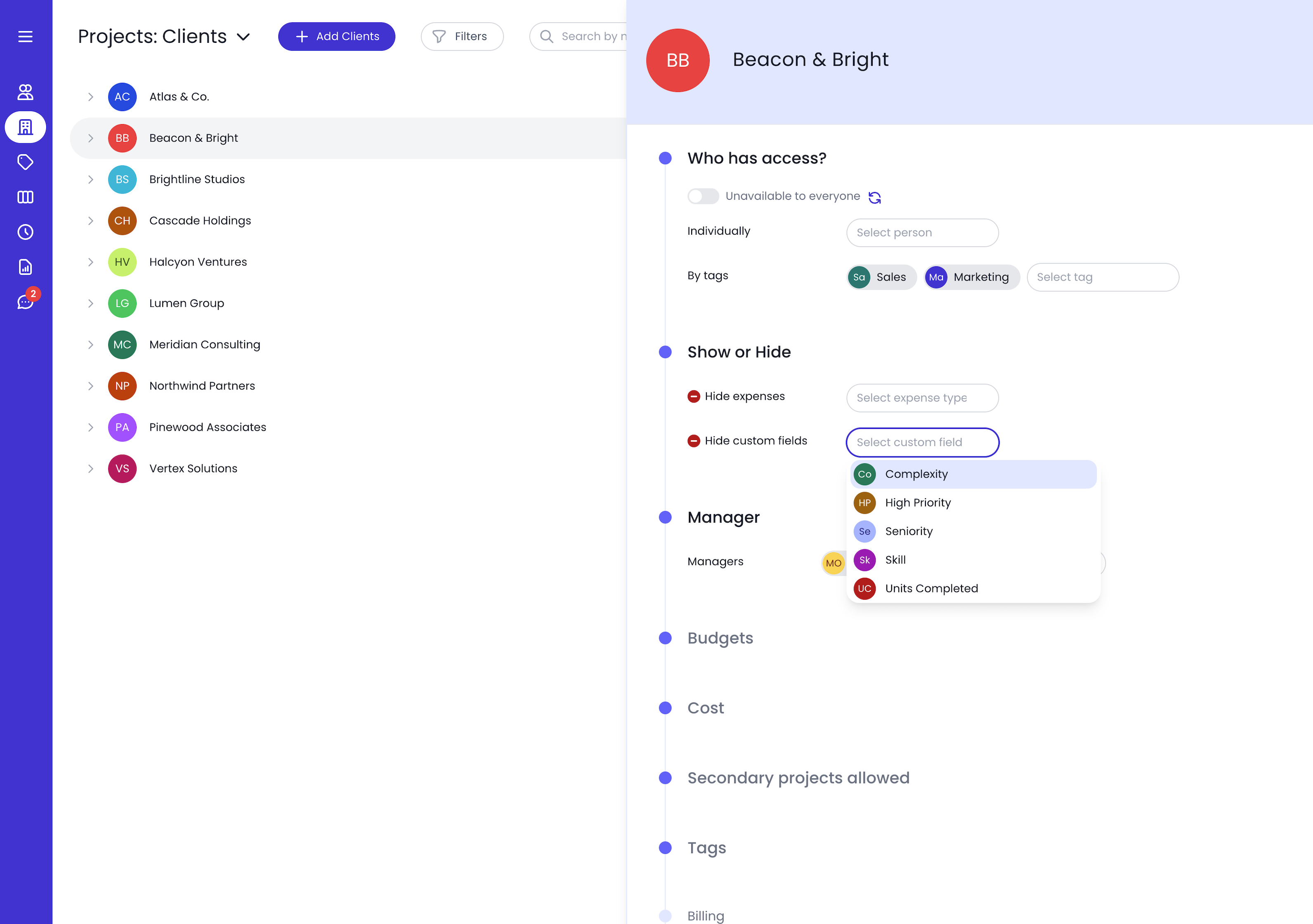 Project panel with who-has-access and show/hide visibility controls open