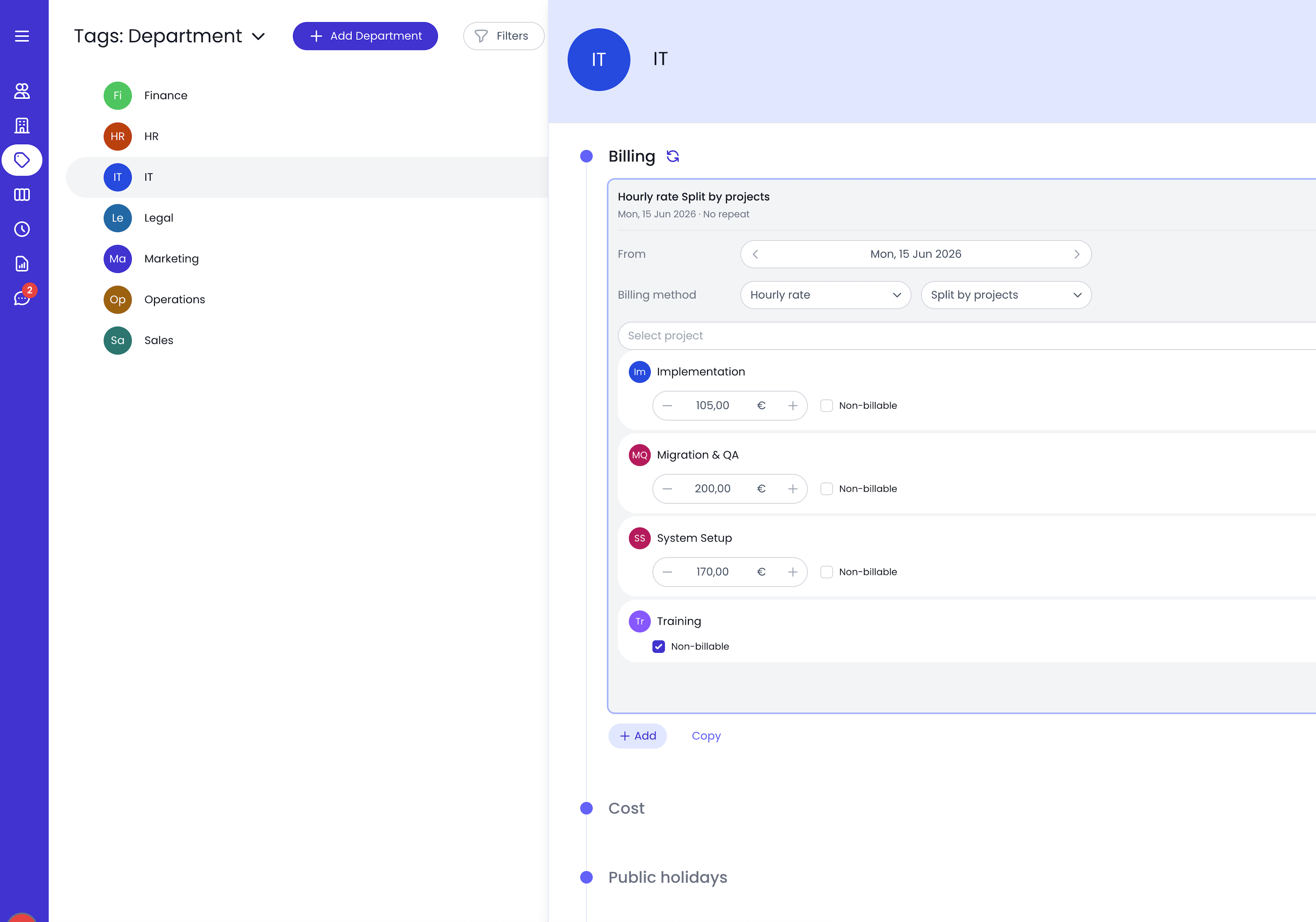 Tag configuration panel with billing rate, schedule, and approval chain assignment