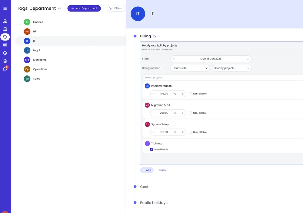 Tag configuration panel with billing rate, schedule, and approval chain assignment