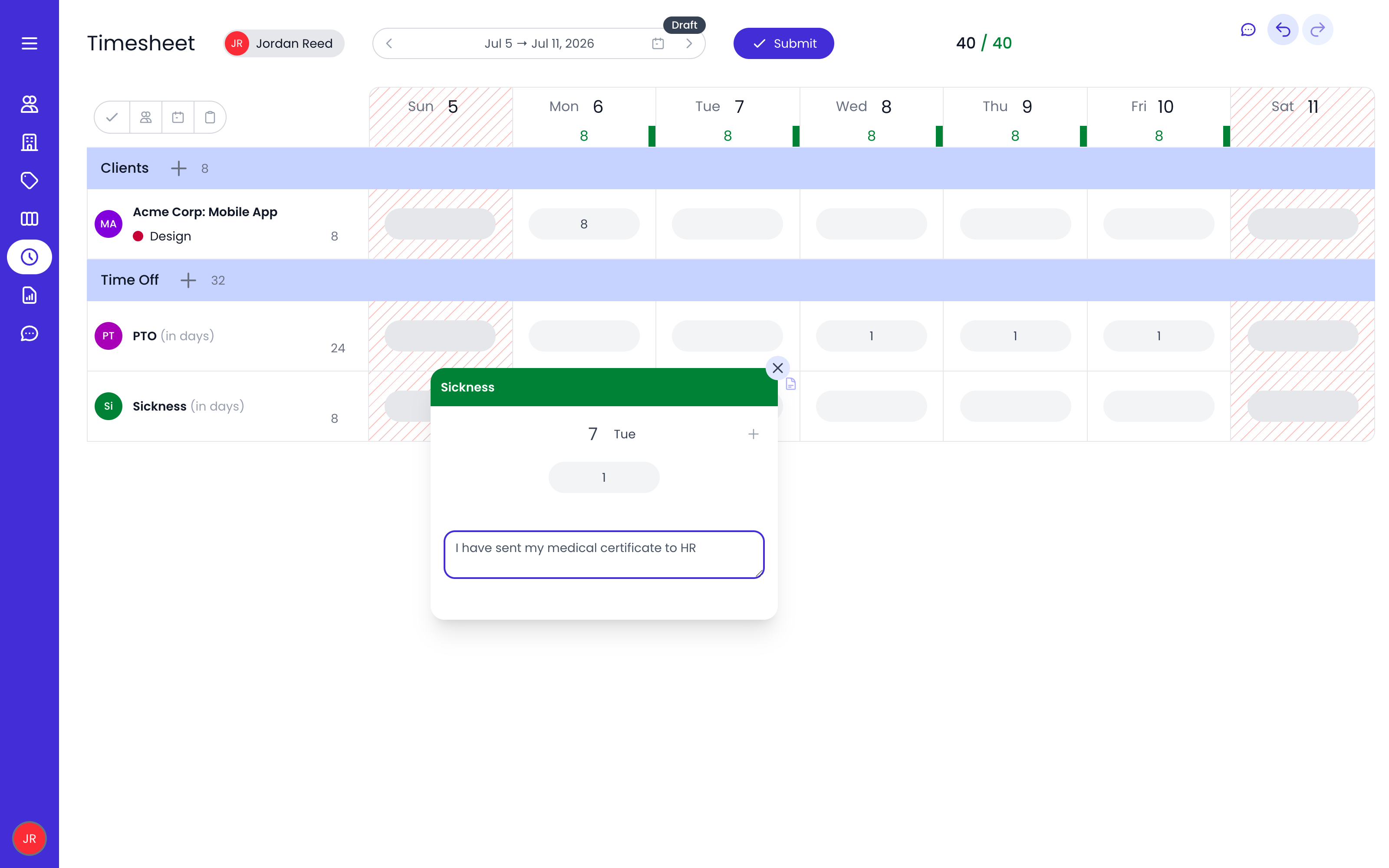 Time off tracking integrated into a timesheet with filled absence rows