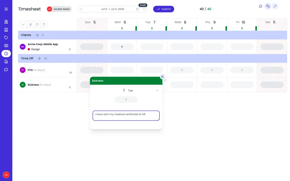 Time off tracking integrated into a timesheet with filled absence rows