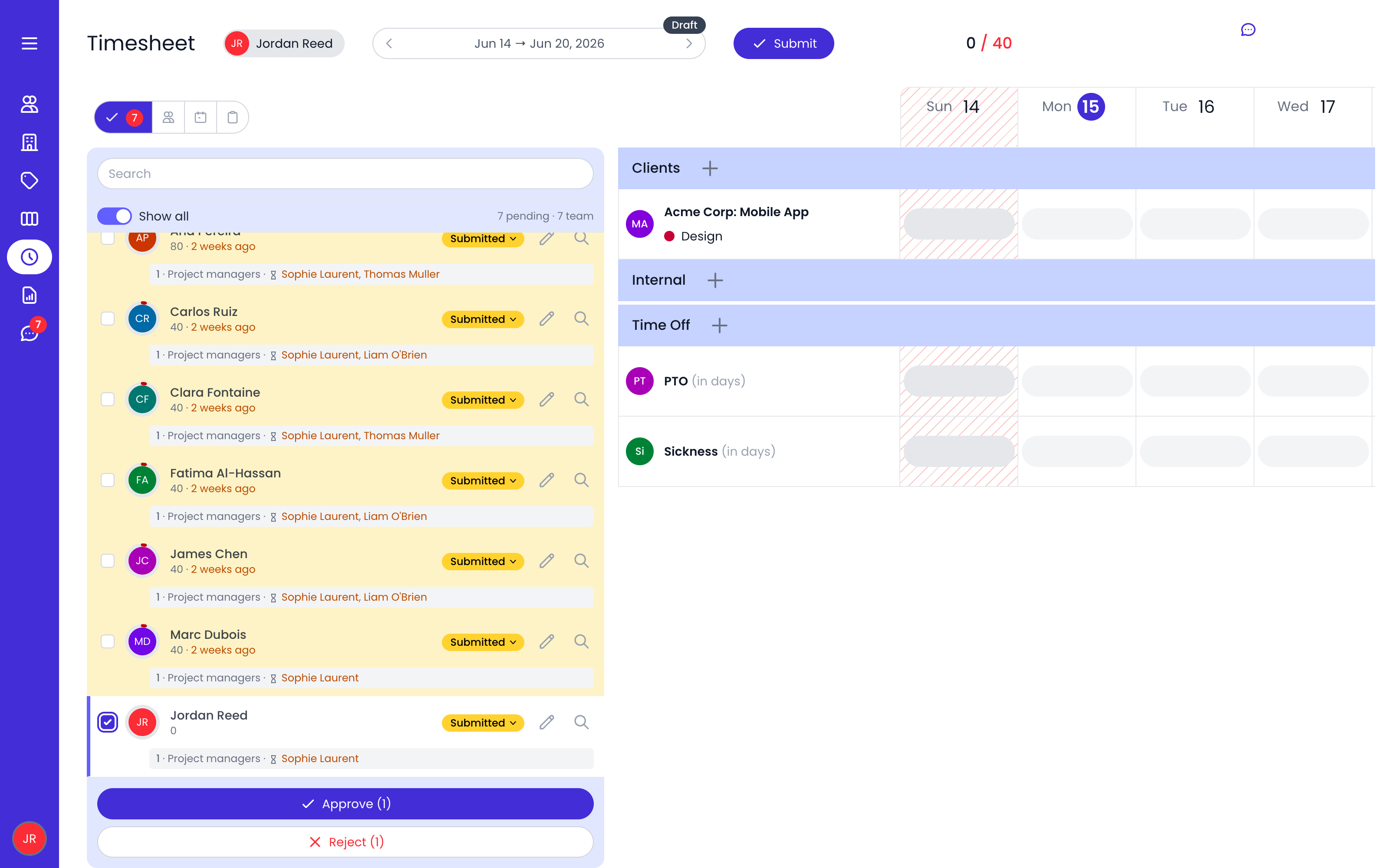 PTO approval and decline interface with notifications keeping the right people informed