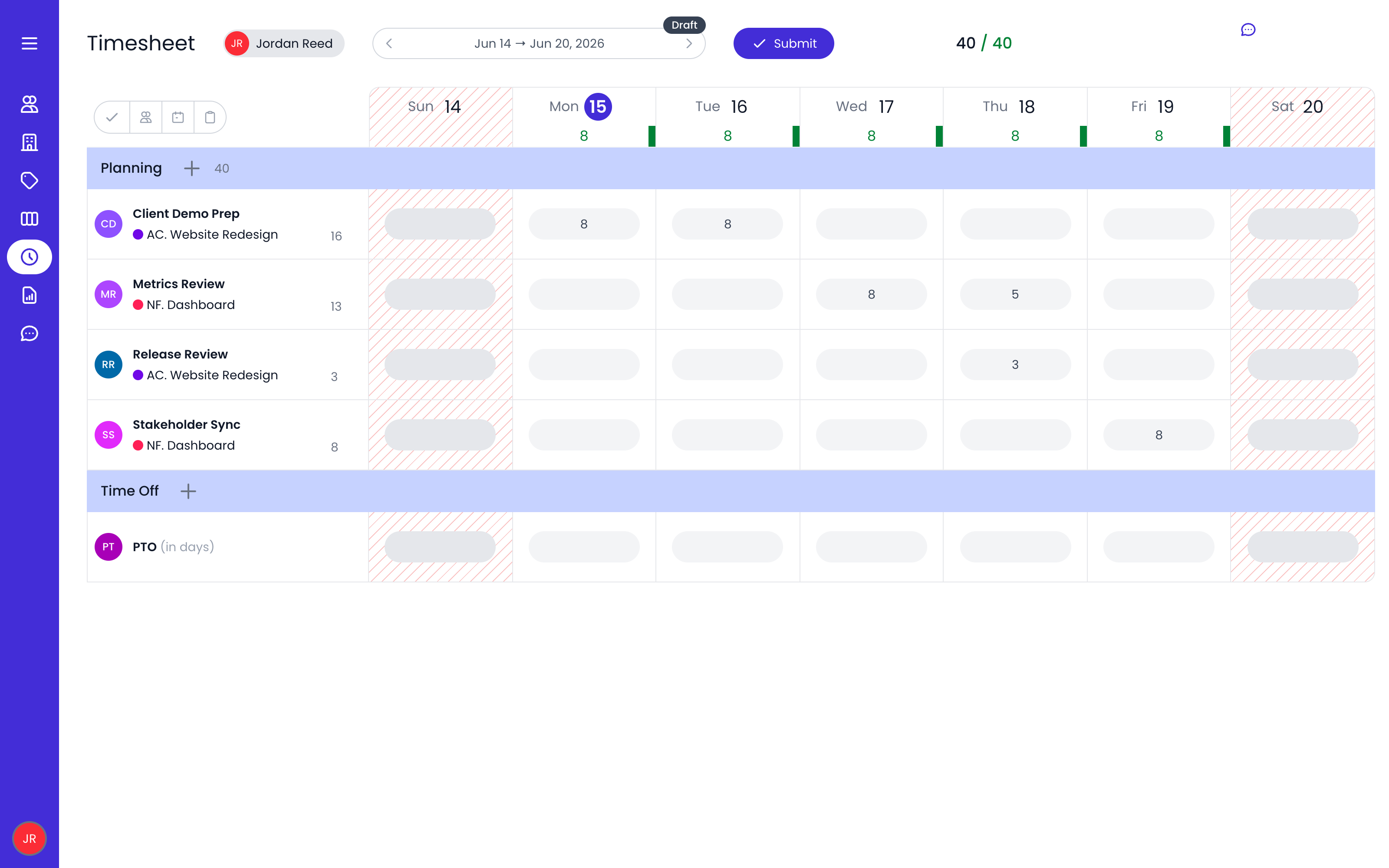 Pre-populated timesheets with task assignments flowing automatically from resource plans