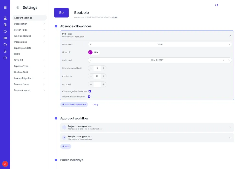 Resumen de las ausencias no contabilizadas en el balance, en el que se muestran los días disfrutados, disponibles y acumulados por empleado