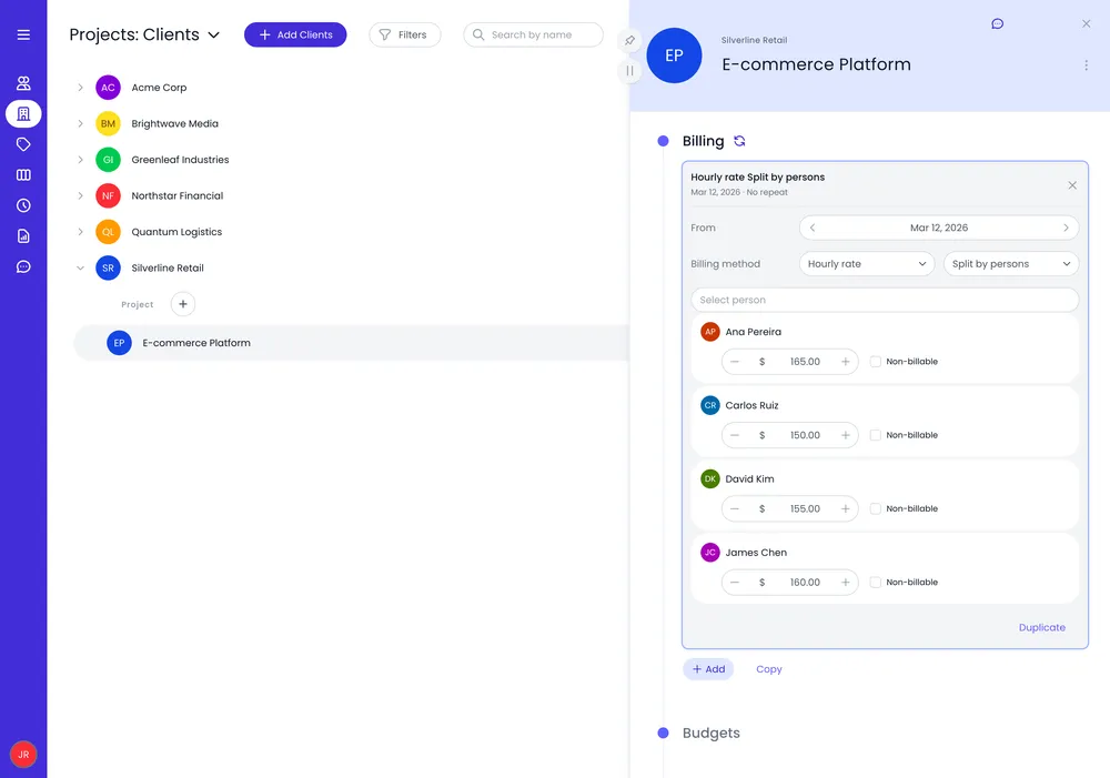 Configuración de tarifas con opciones de facturación fija, por horas, diaria y no facturable