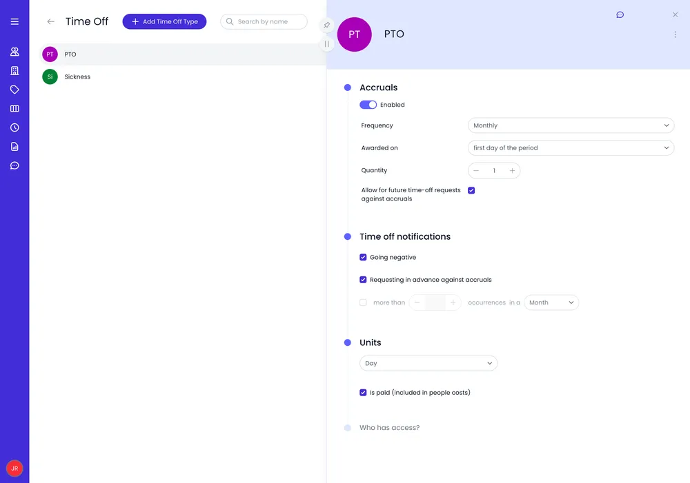 Configuración de la política de devengo por tipo de ausencia con reglas de programación y de saldo