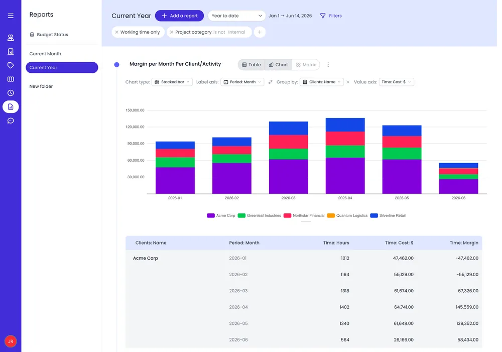 Multidimensional financial report filtered by person, project, task, and budget