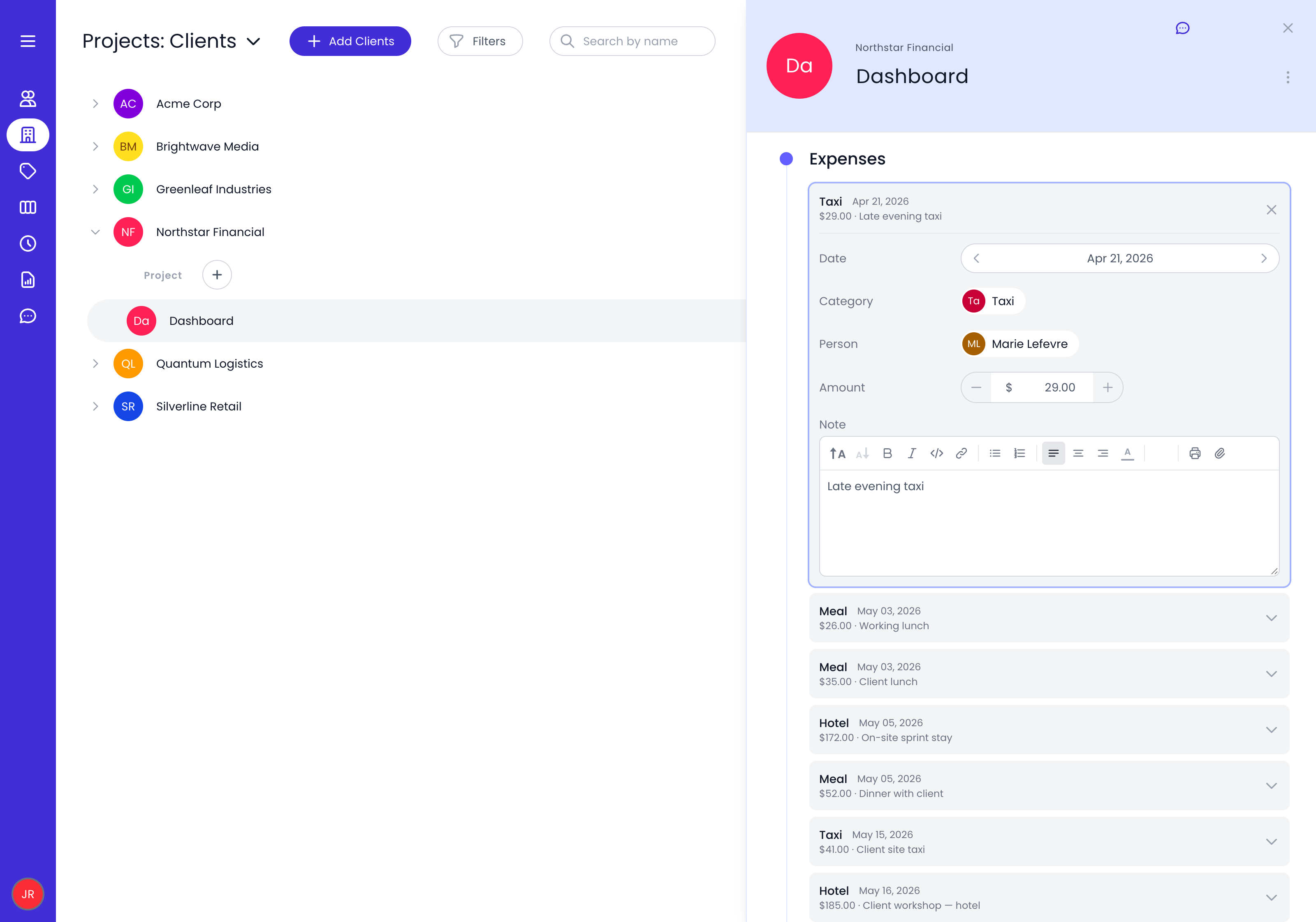 Project expense tracking by type alongside time and billing data