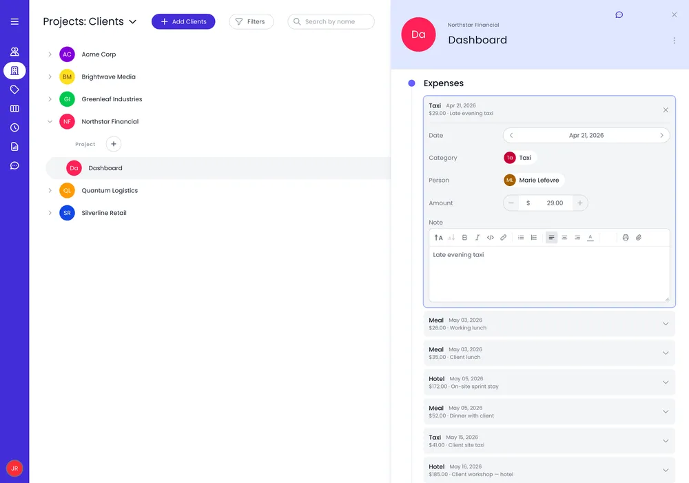 Project expense tracking by type alongside time and billing data