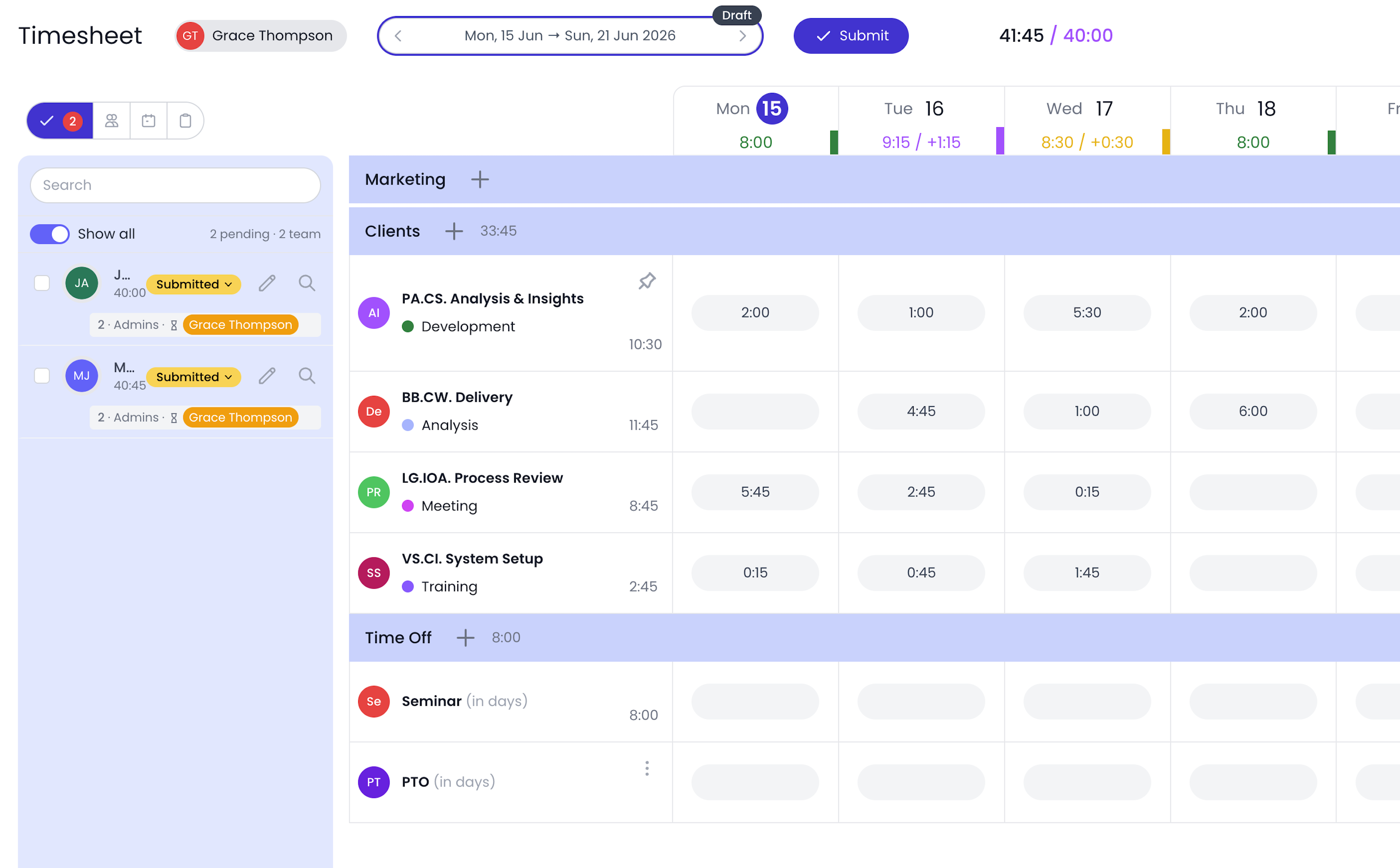 Fast employee hours logging on projects and approval workflows