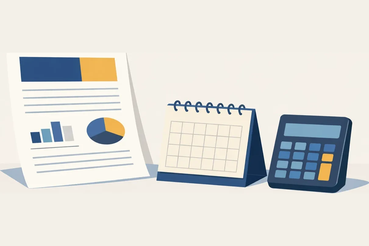 Illustration of a printed report page beside a small desk calendar and a pocket calculator.