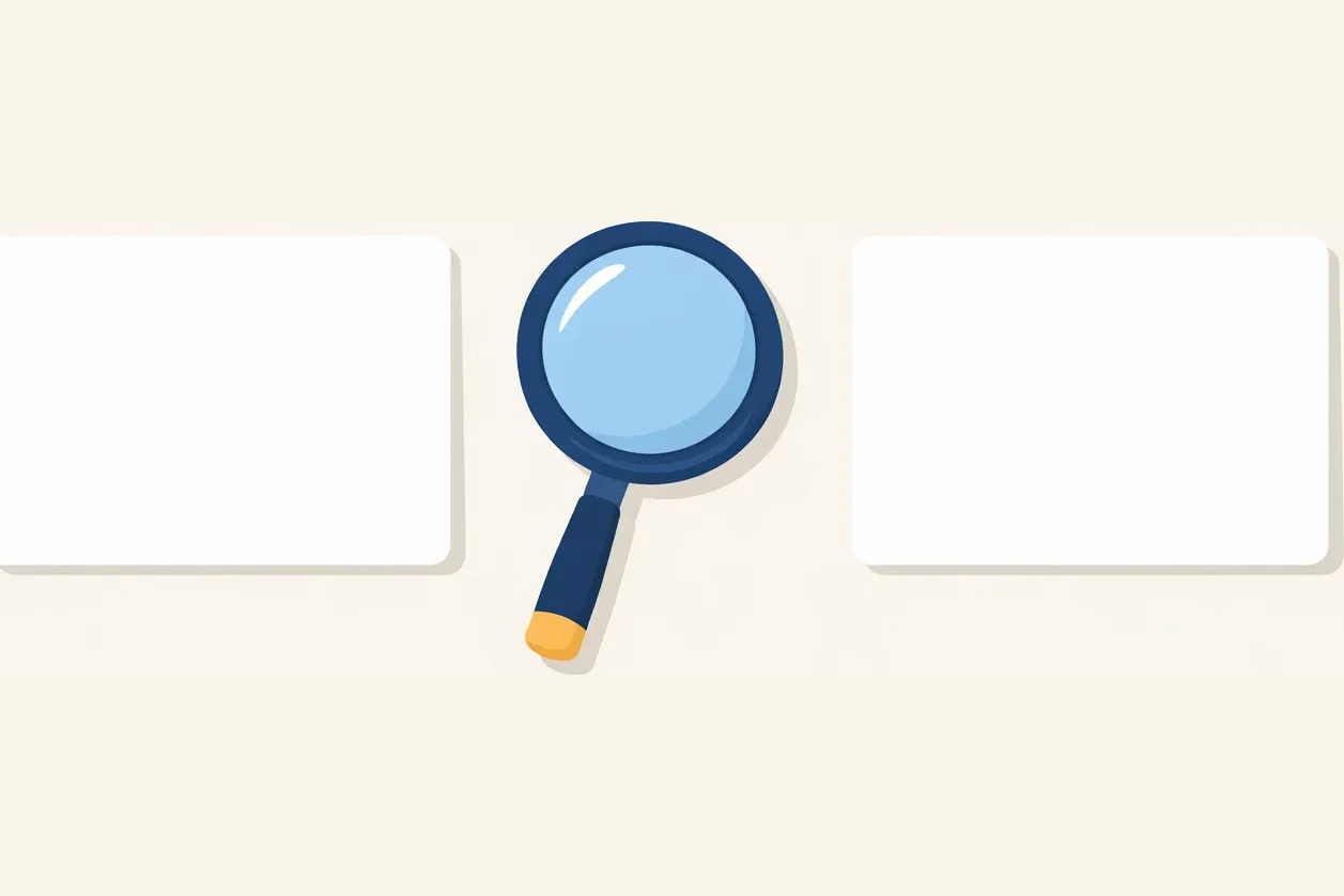 Flat illustration of two blank paper slips side by side with a blue magnifying glass between them on an off-white background.