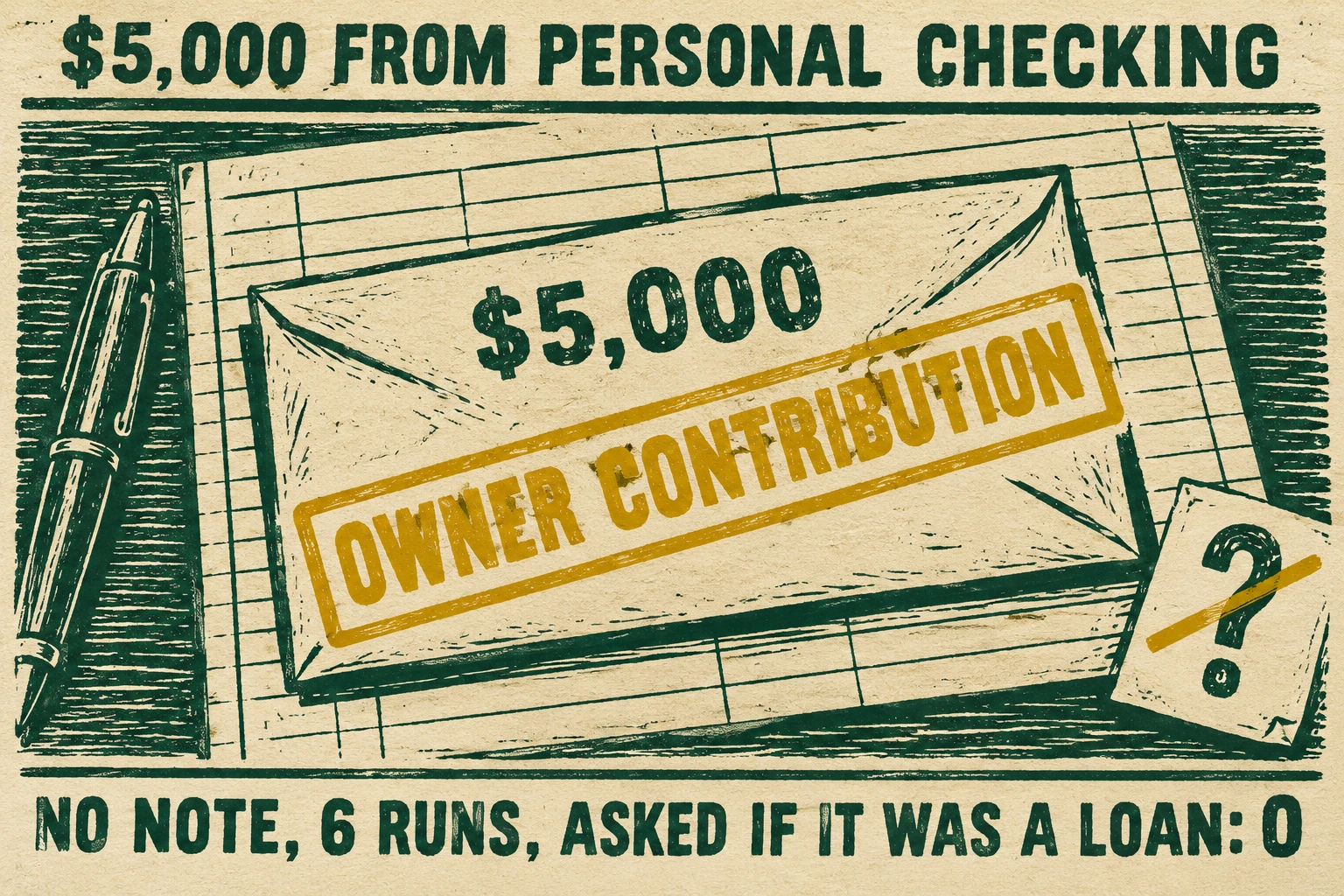 Owner contribution: 6 AI runs without an owner note booked the $5,000 from personal checking as a contribution and none asked if it was a loan