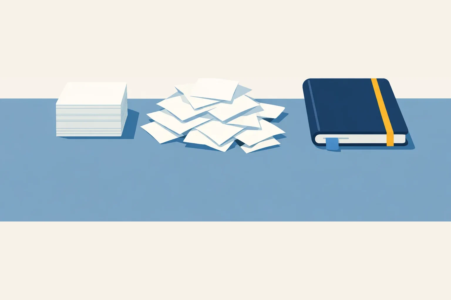 Flat illustration contrasting a tidy squared stack of blank paper slips with a loose scattered pile beside a closed notebook.