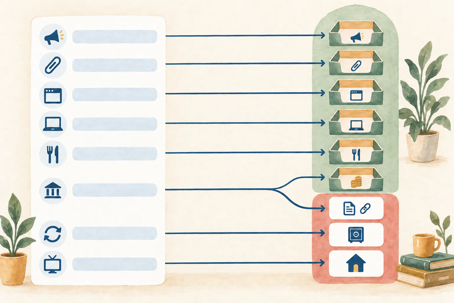 Eight bank-feed lines sorted into expense categories, with a loan payment split into interest and principal and a transfer and a personal charge set aside