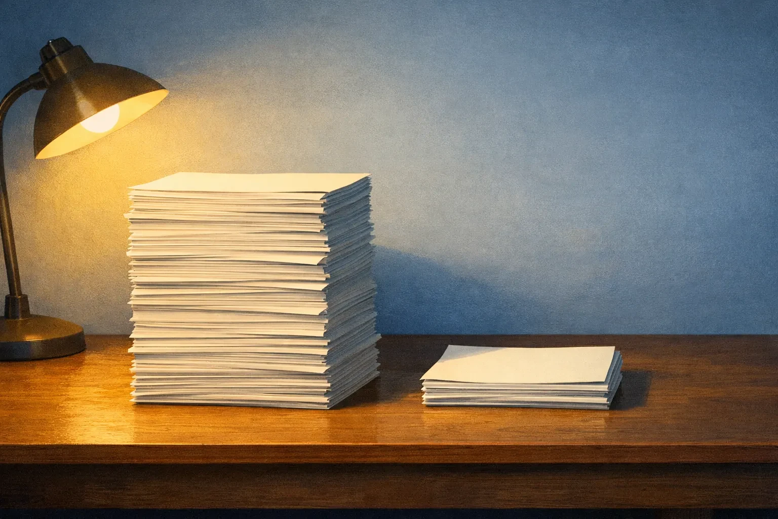 A broad liability definition and a narrow one draw on different amounts of the same paperwork. Two document stacks stand for the contrast between a broad liability set and a narrow one.