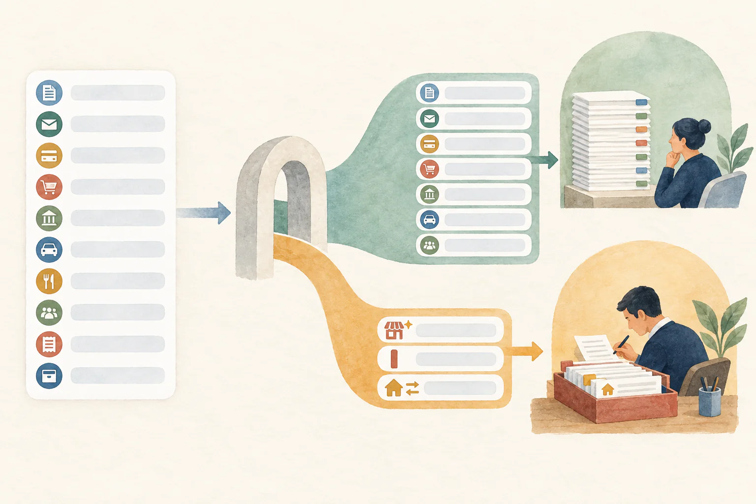Diagram of a human review point in AI bookkeeping: routine bank-feed lines go straight to the books, while a new vendor, an unusually large amount and an owner transfer go to an accountant for review