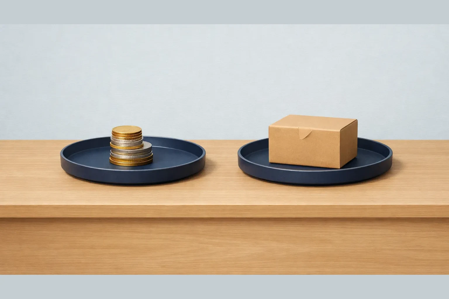 Two shallow trays on a wooden desk, one holding coins and one holding a small cardboard box, shown side by side