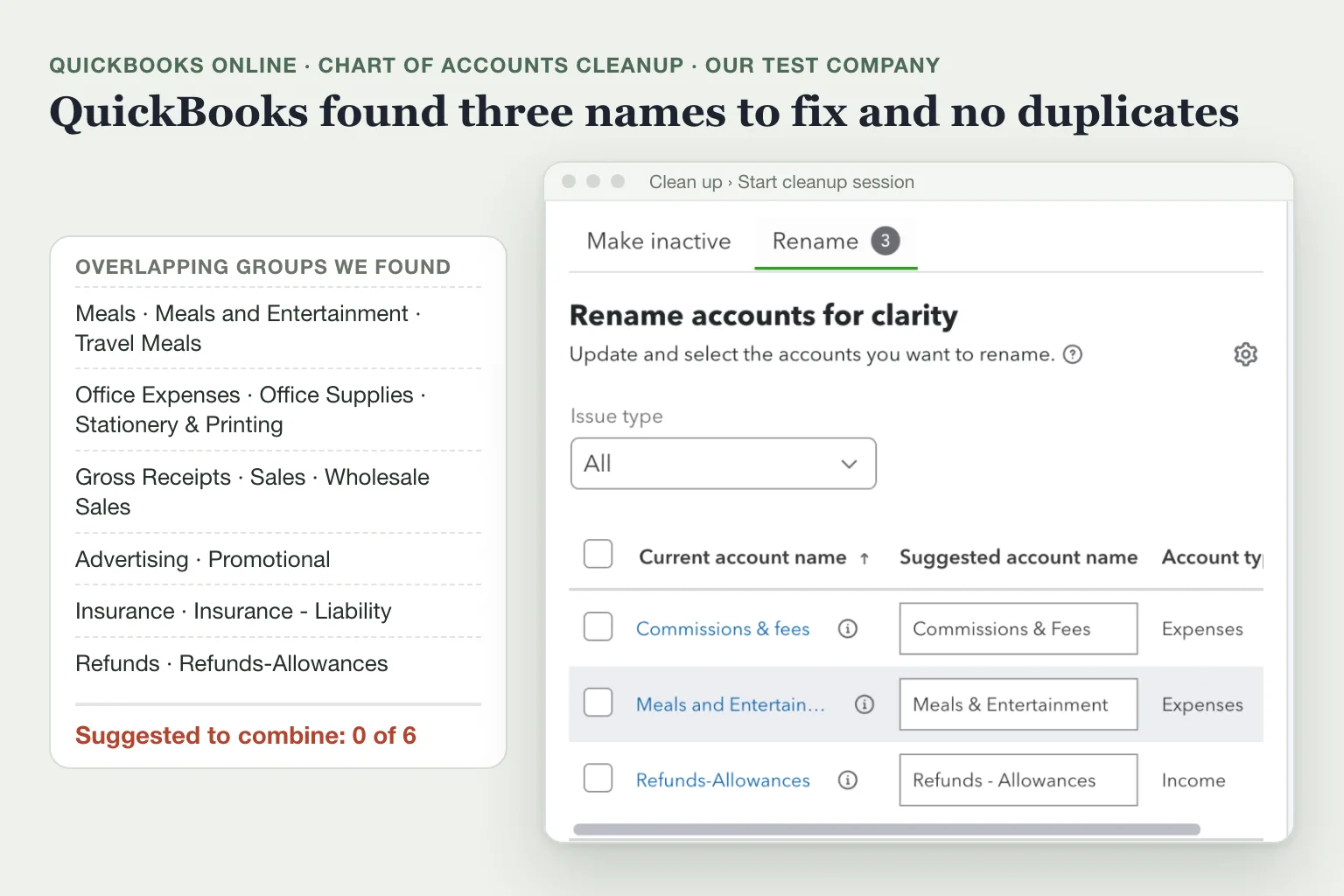 QuickBooks chart of accounts cleanup suggesting three renames and no duplicates, next to the six overlapping account groups we found