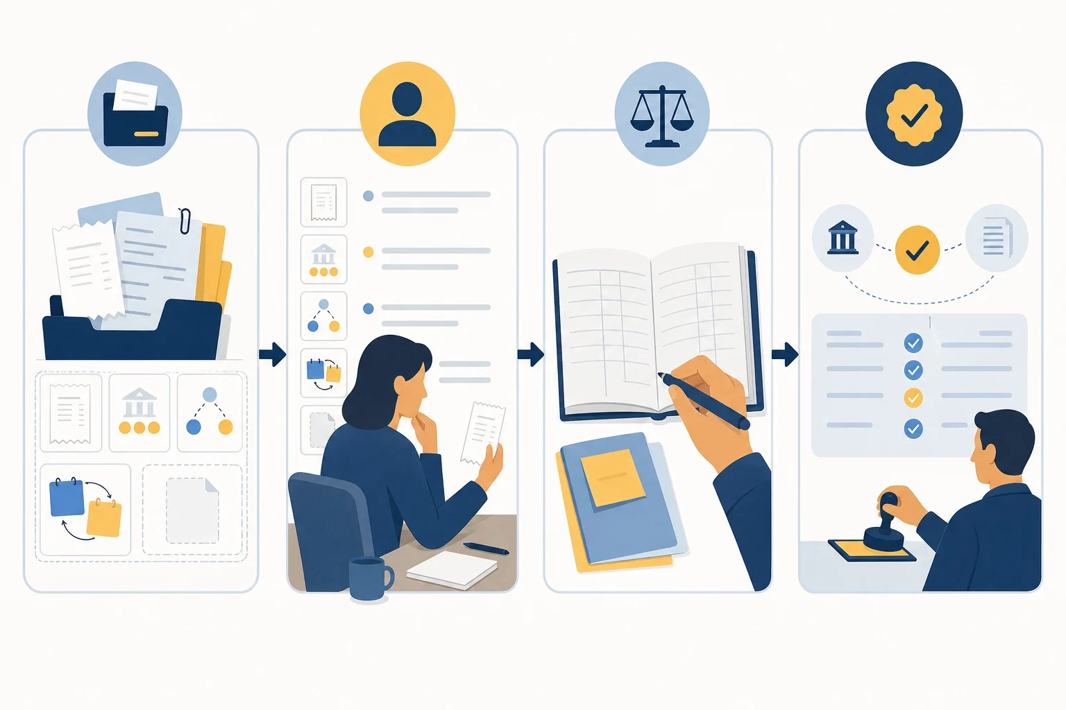Workflow illustration separating document review, exception investigation, native ledger action, and statement reconciliation
