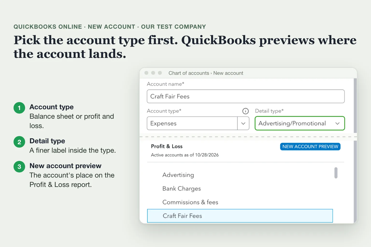 QuickBooks Online New account panel: Expenses account type, Advertising/Promotional detail type and a Profit & Loss preview