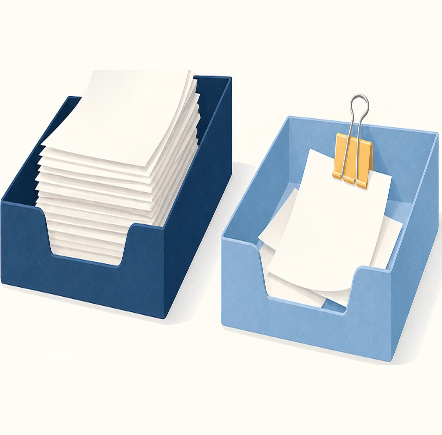 Two paper desk trays: one holding a neat stack of receipts, the other holding a few loose receipts under a colored binder clip