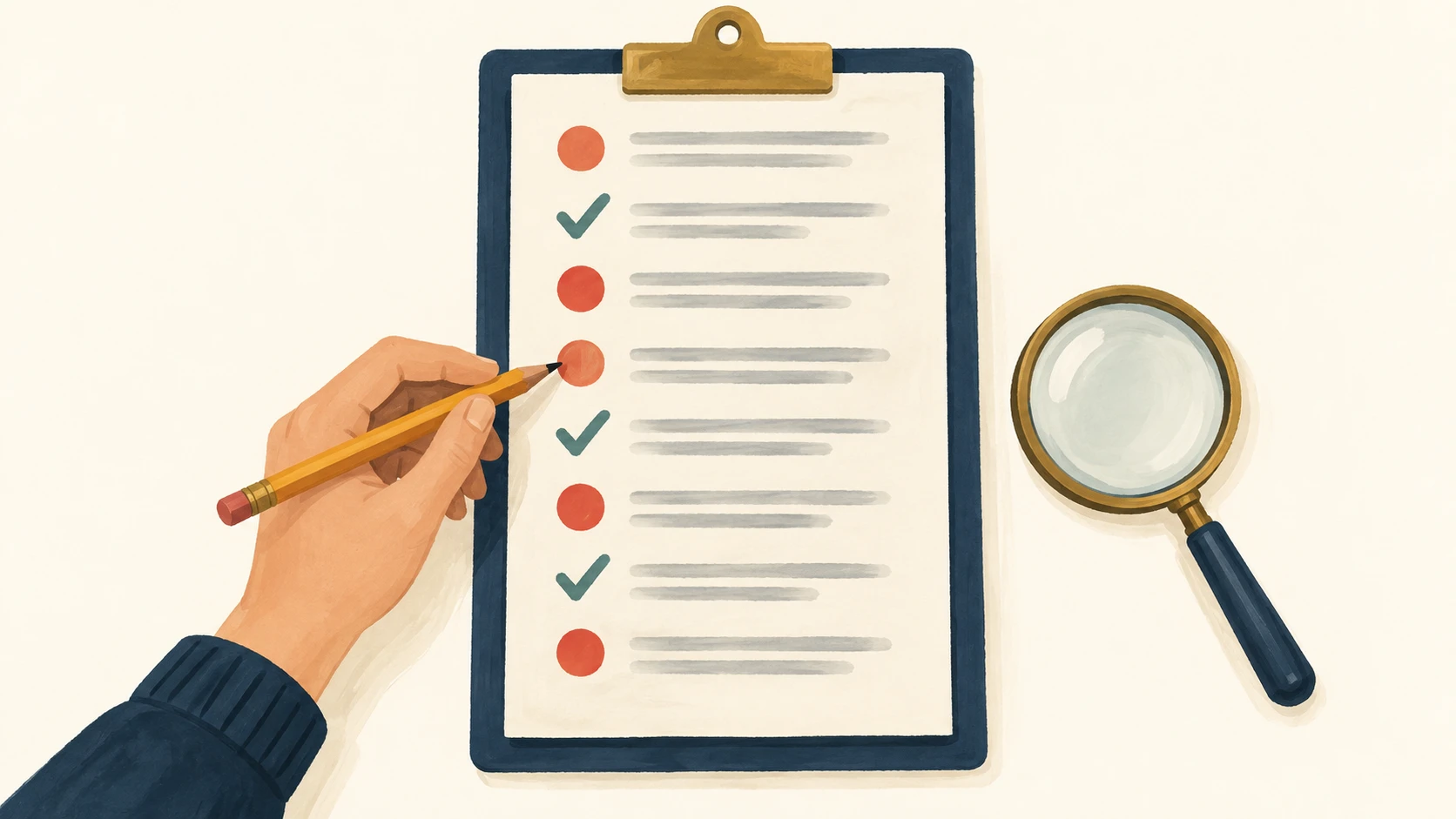 Illustration of a draft review with mistakes marked in red; the test's nine entries and findings are listed in the text