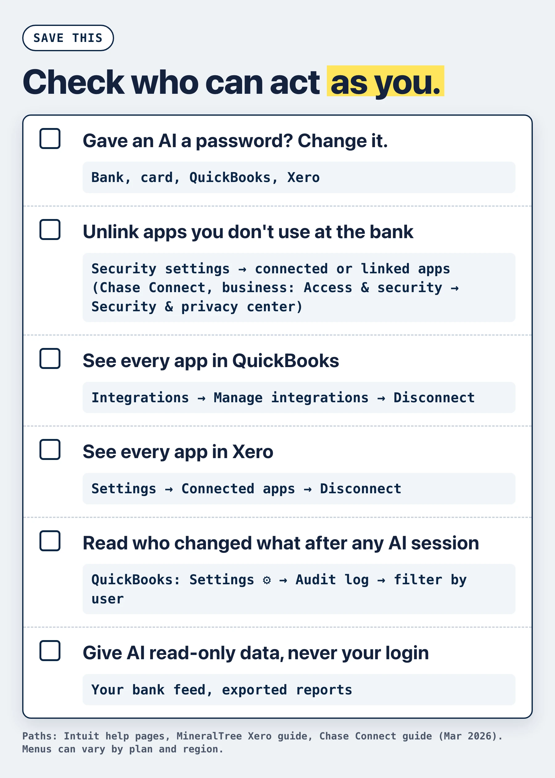 Checklist for business owners: change any password you gave an AI, unlink unused apps at the bank, review connected apps in QuickBooks and Xero, read the audit log, keep AI on read-only data