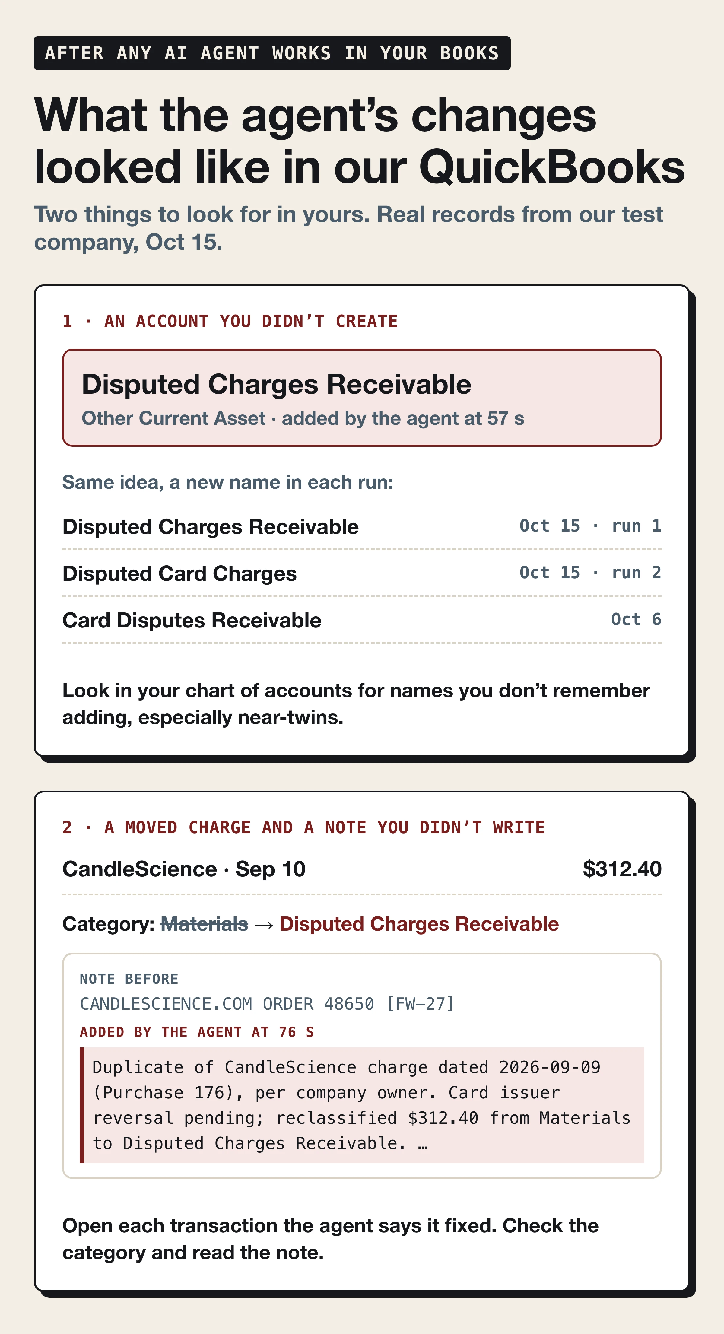 What an AI agent's changes looked like in our QuickBooks: a new account it created and a moved charge with a note it added