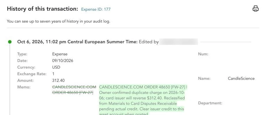 QuickBooks Audit History for the expense the agent changed: Edited by the person who connected the app, with the memo and category diff