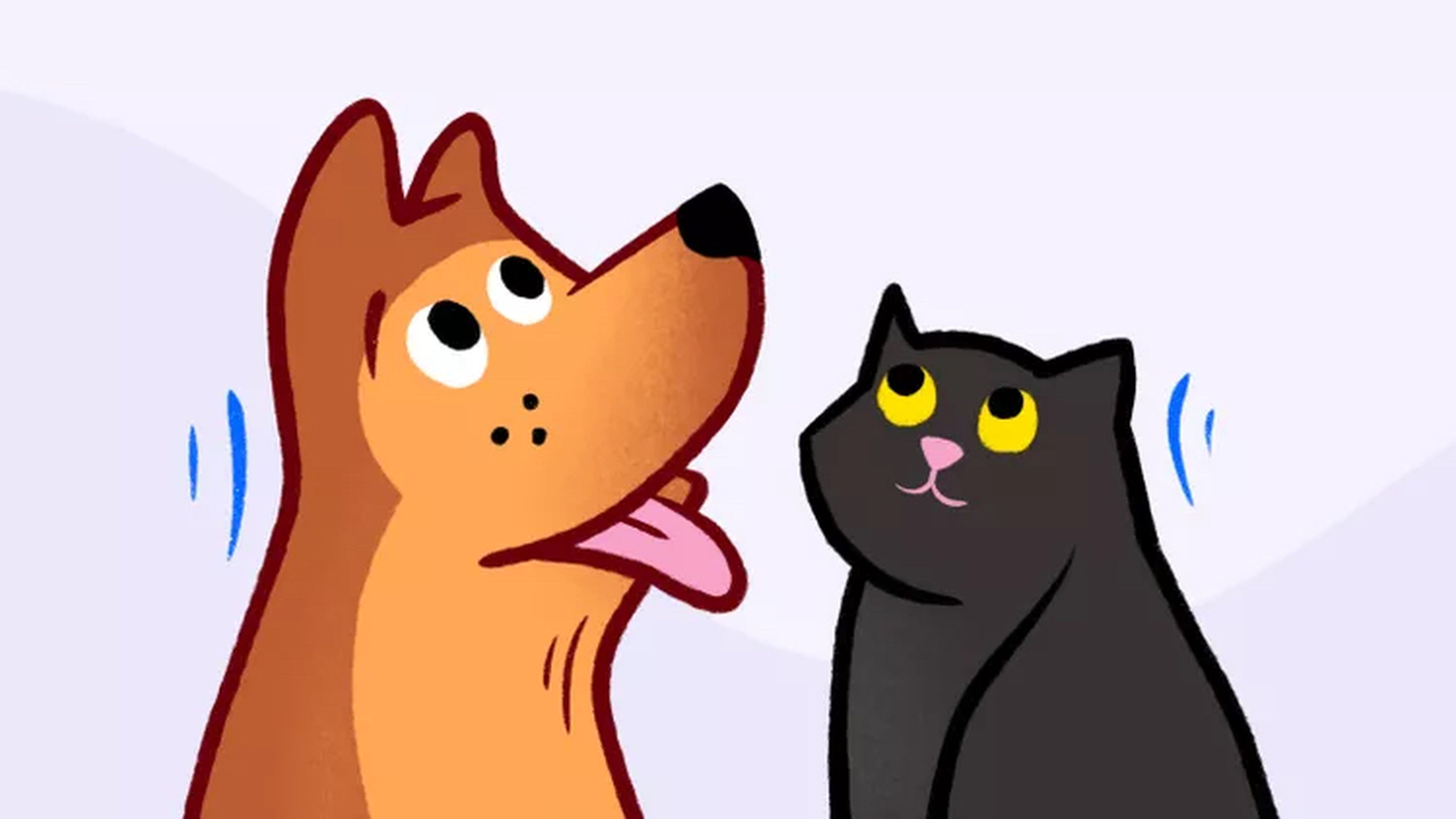 An illustration of a brown dog and a black cat with a purple background