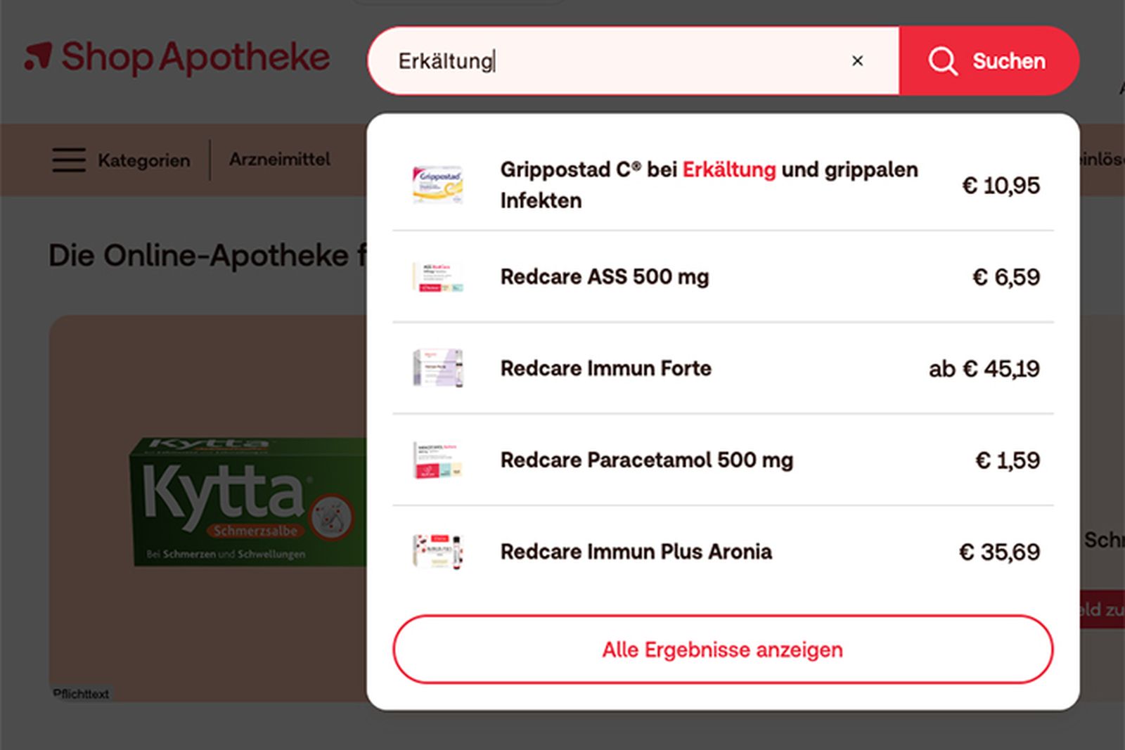 Sucheingabe Website Shopapotheke