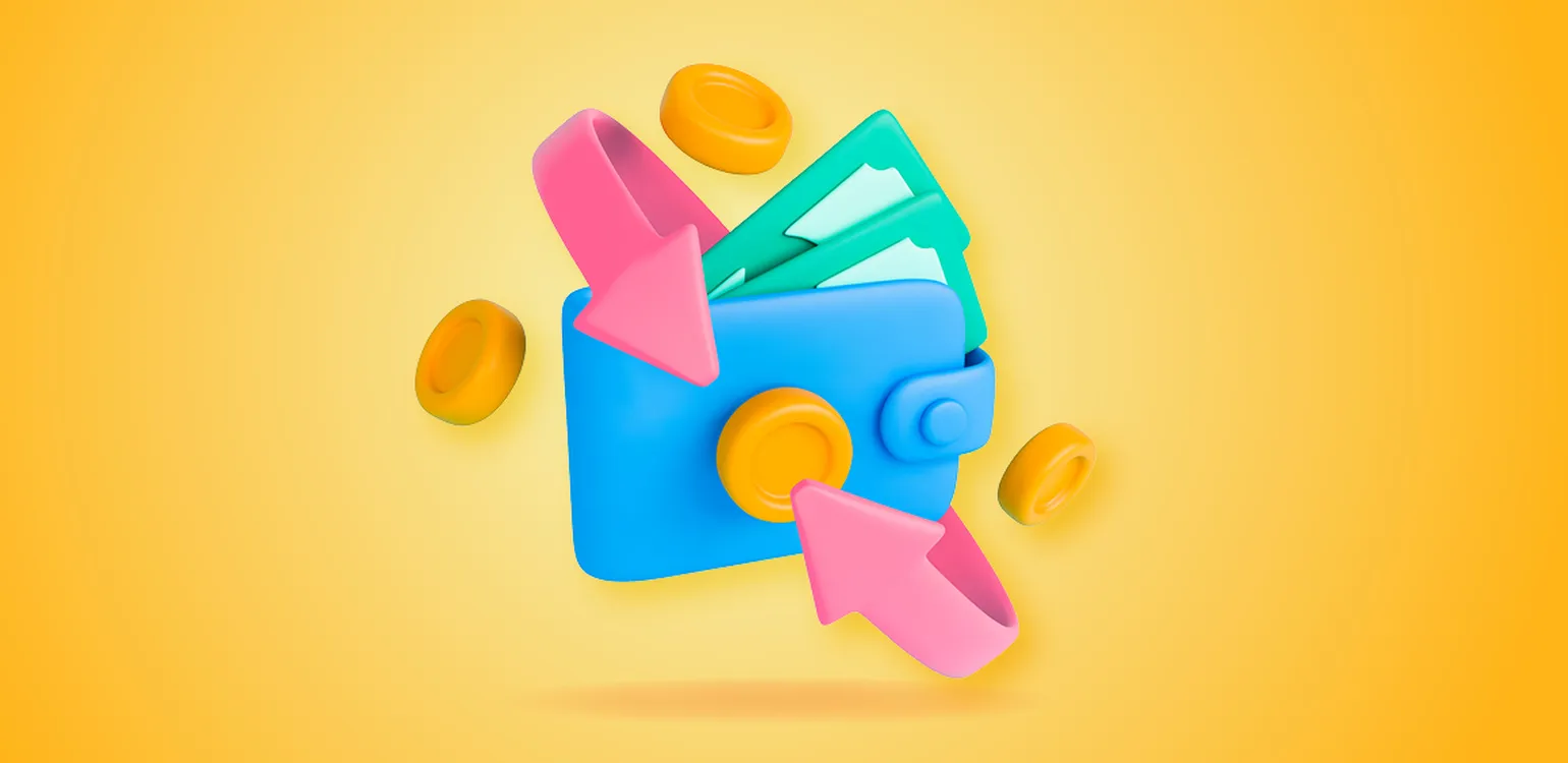 Blue wallet and money on yellow background