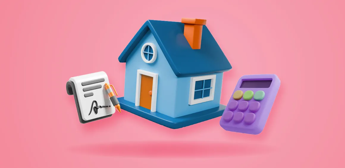blue house, purple calculator and clipboard on pink background