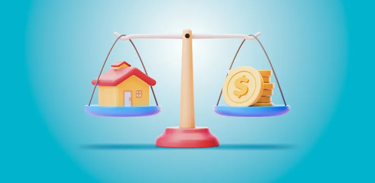 House and gold coins on scales