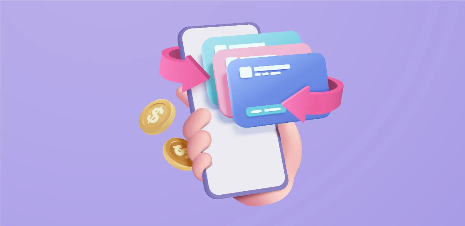 Purple image of a hand holding a mobile phone with cards and coins surrounding it.