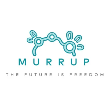 Teal abstract line art with circles and shapes above "MURRUP" text. Below, the slogan reads "THE FUTURE IS FREEDOM" on a white background.