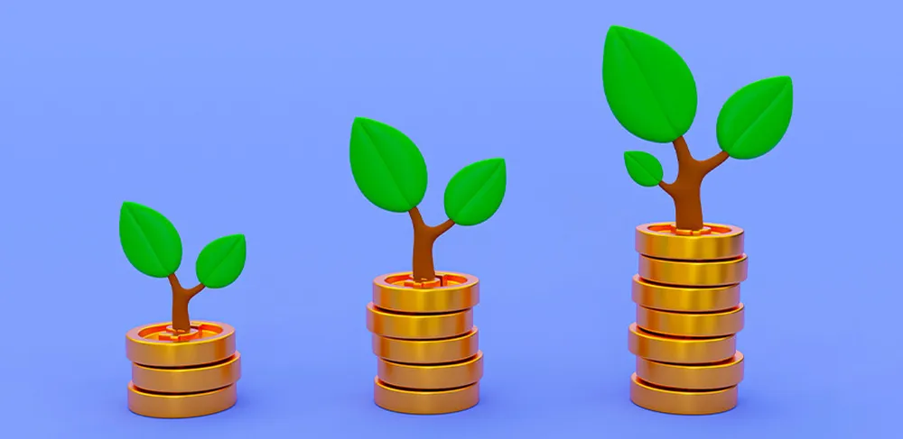 Three towers of coins of different heights growing with a tree sprouting from the top of each of them.