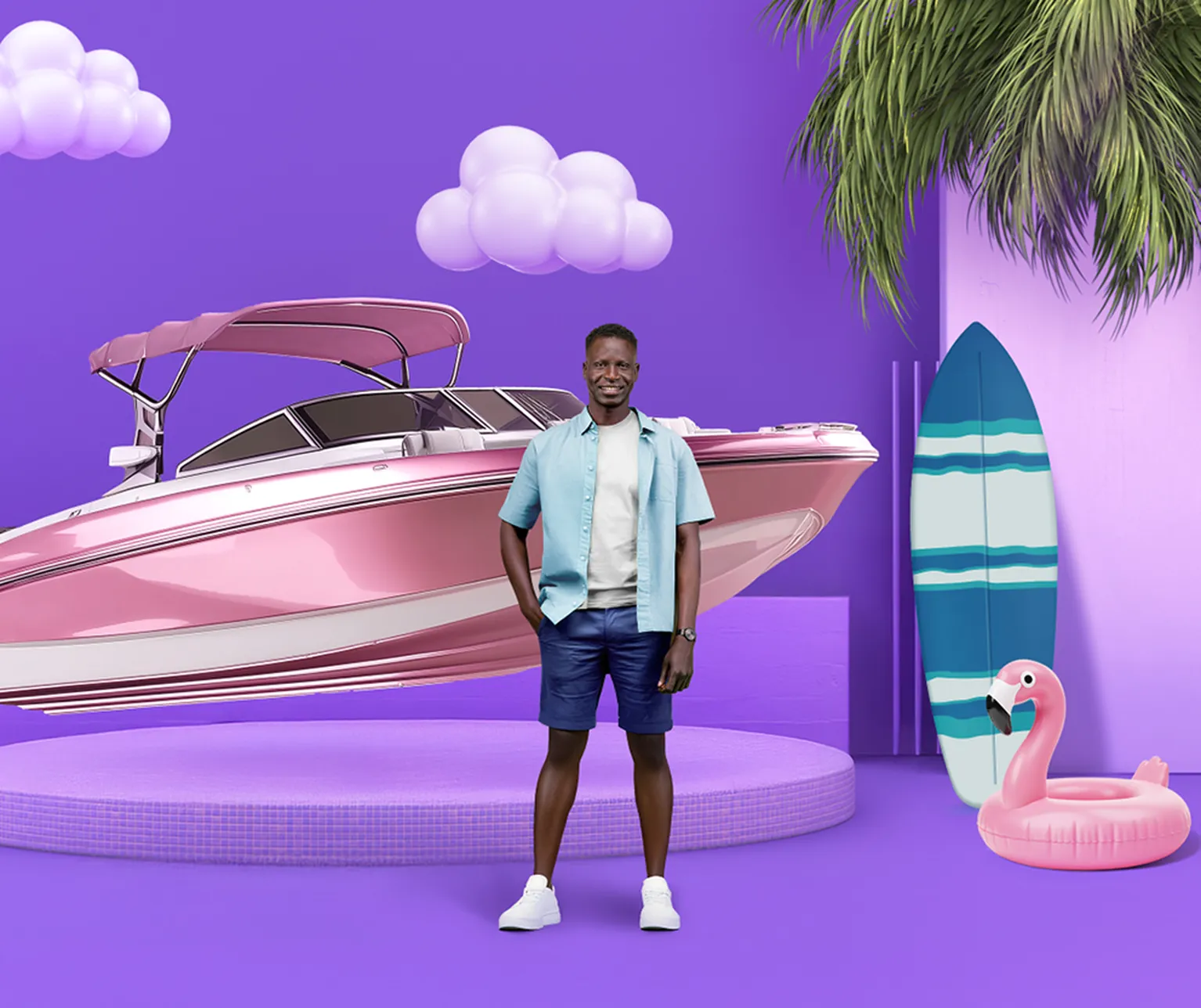 Man standing next to a speedboat surrounded by clouds, a surfboard and inflatable flamingo