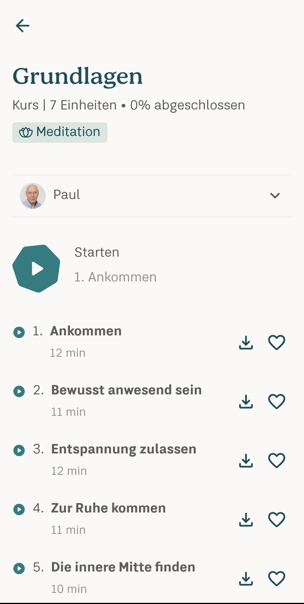 App-Screen: Kurs „Grundlagen“ mit 7 Einheiten