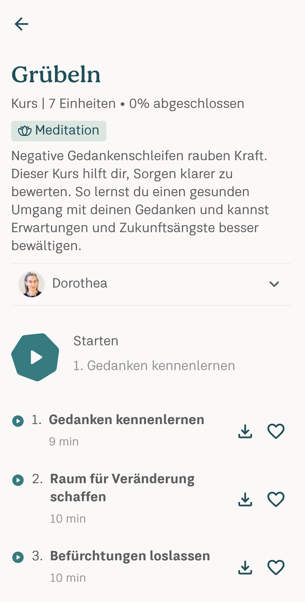 App-Screen: Kurs „Grübeln“ mit 7 Einheiten