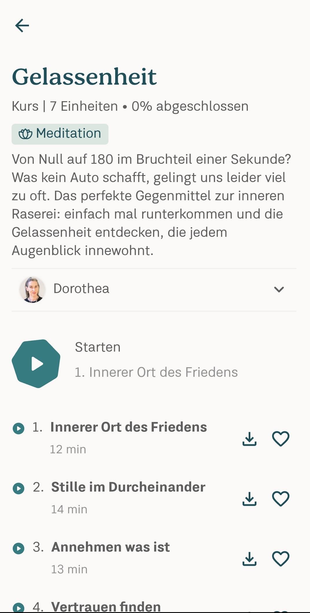 App-Screen: Kurs „Gelassenheit“ mit 7 Einheiten